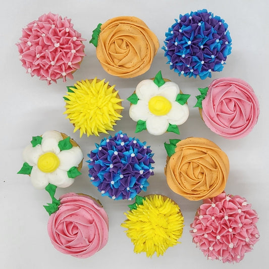 Colorful flower-shaped decorations on a white background